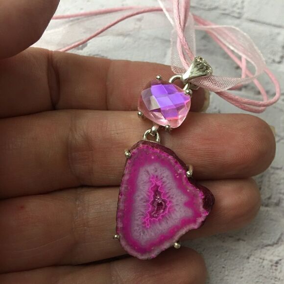 Pink Geode Druzy & Moonglow Fire Topaz Pendant - Picture 4 of 4